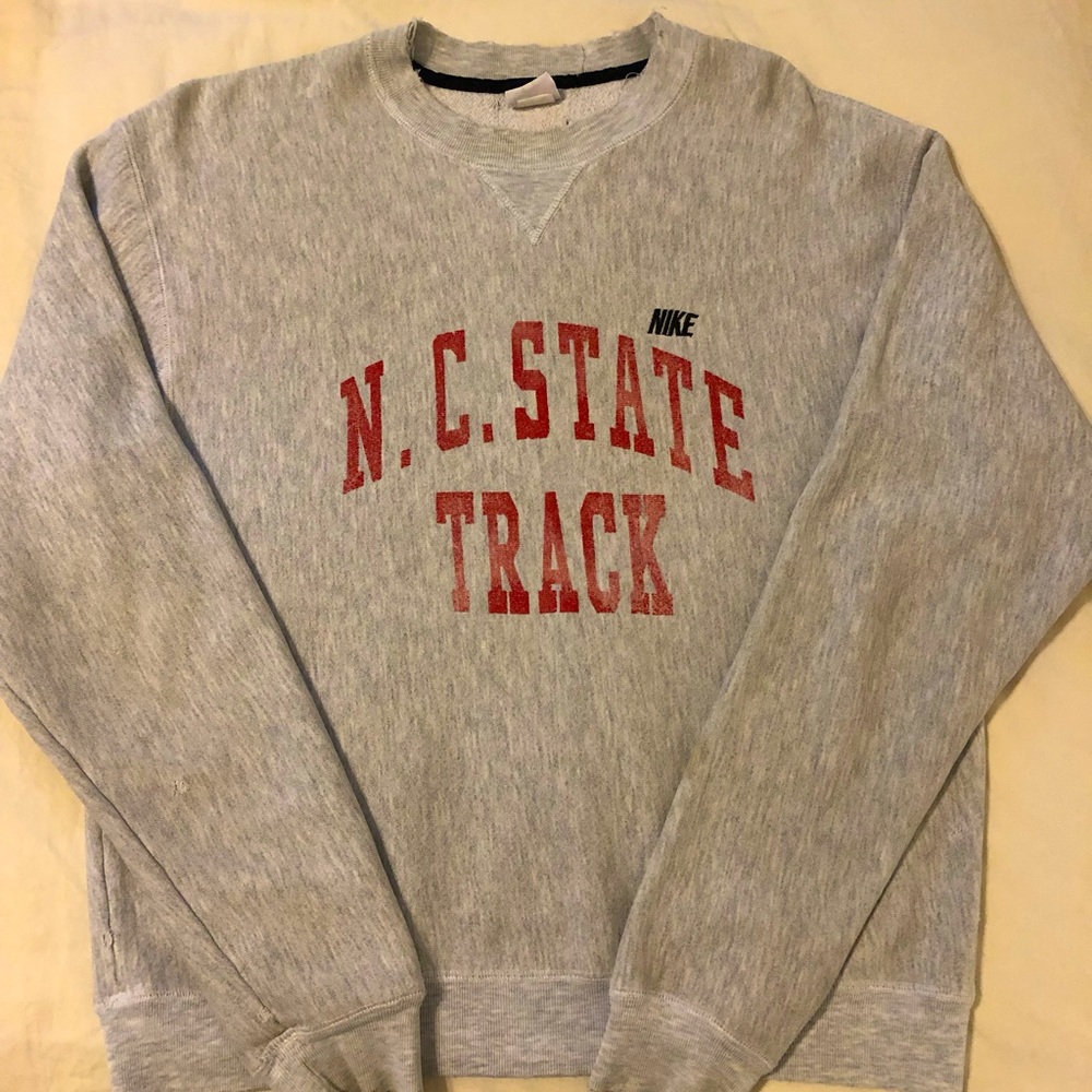 Vintage Nike NC State Track heather gray sweatshirt. Made in USA.